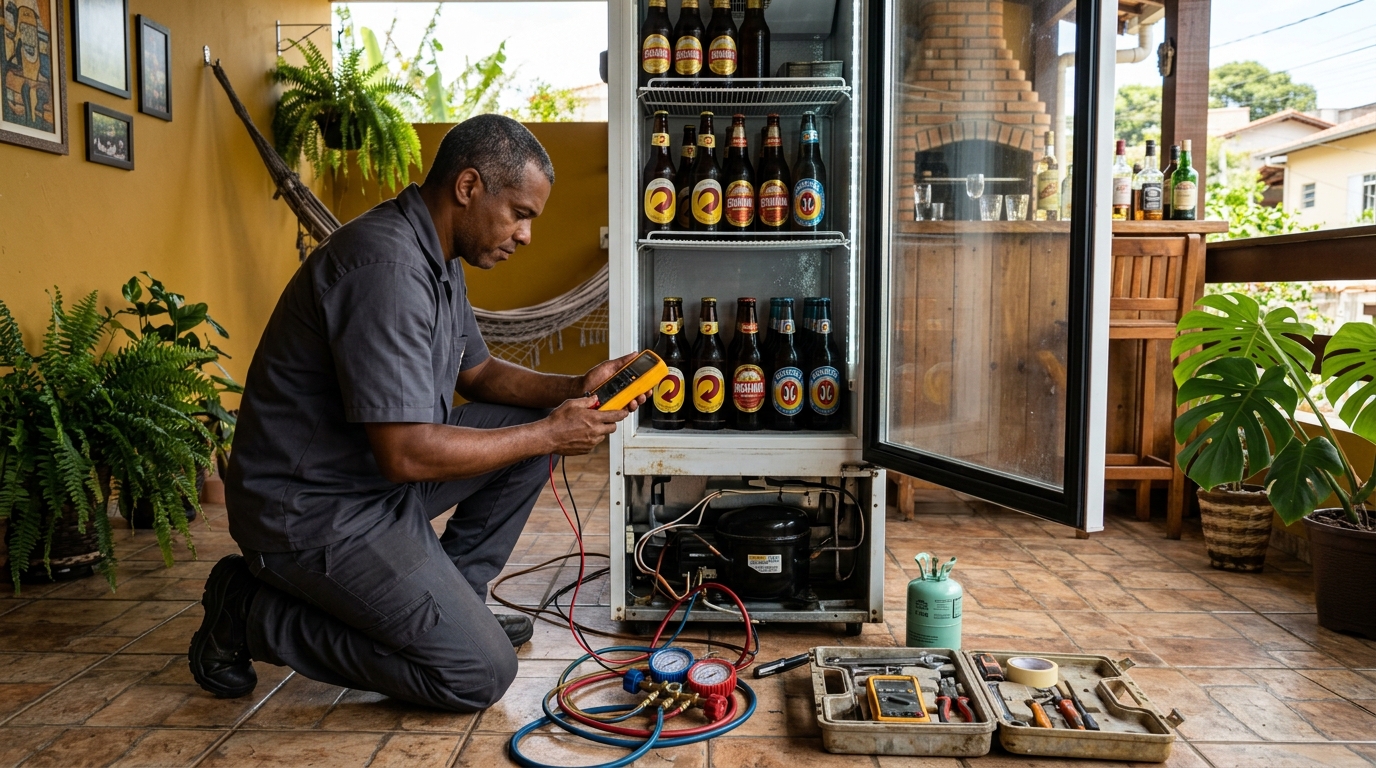Placa eletrônica de cervejeira em reparo na bancada em Governador Valadares‑MG