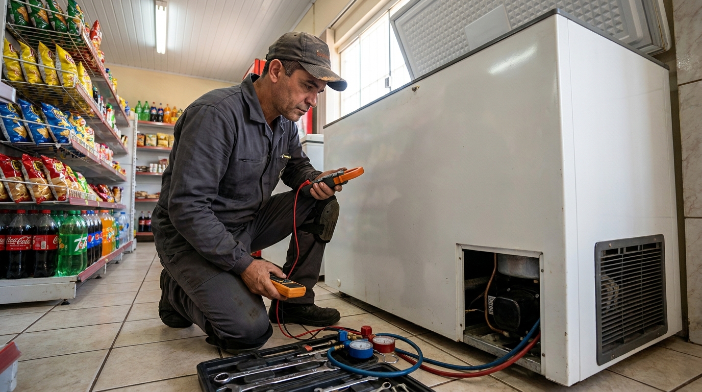 Reparo da placa eletrônica de um freezer em atendimento em Governador Valadares‑MG