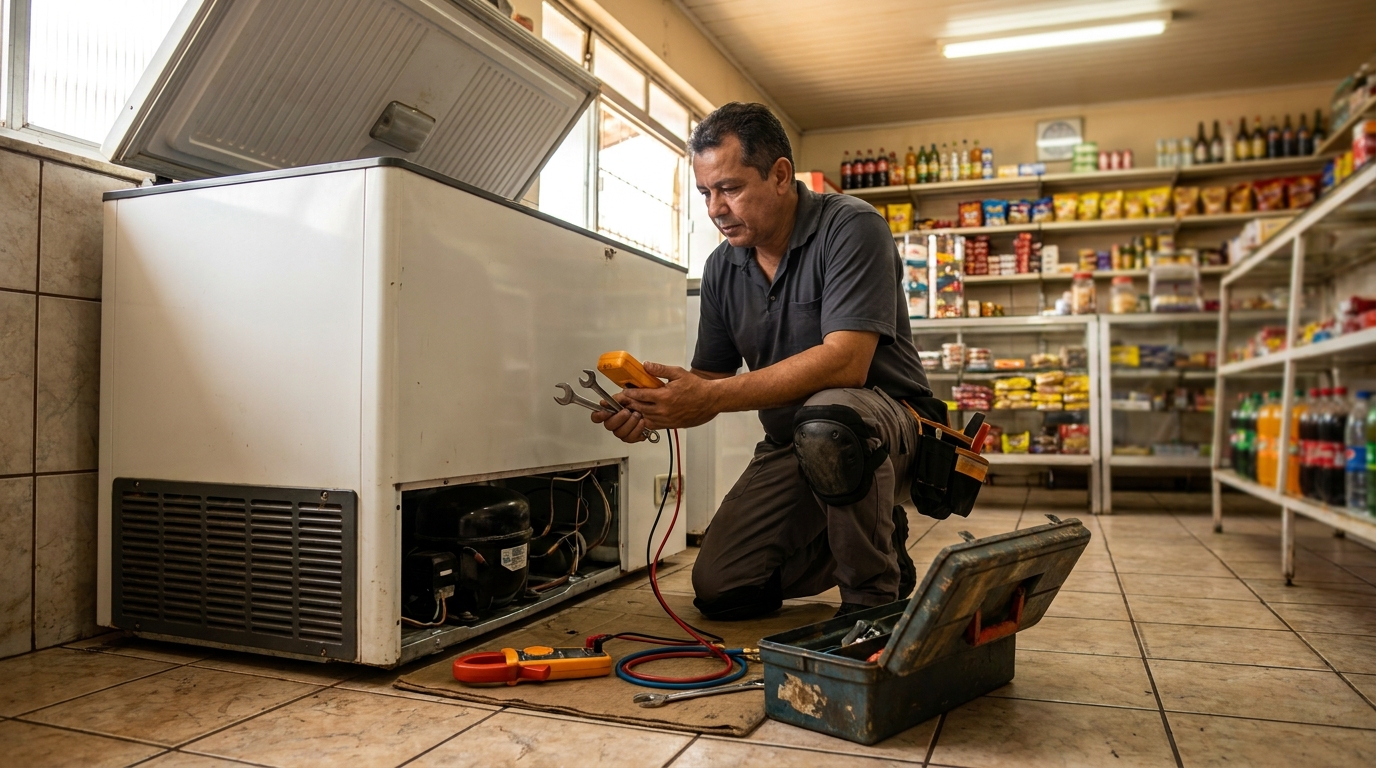 Técnico reparando o motor de um freezer horizontal em Governador Valadares‑MG
