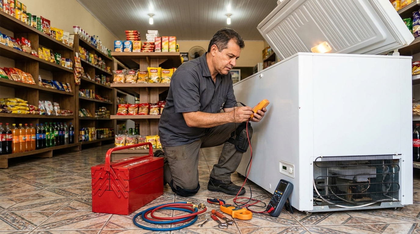 Manômetro conectado ao circuito durante recarga de gás de freezer em Governador Valadares‑MG