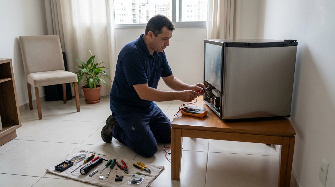 Técnico avaliando um frigobar compacto durante atendimento em Governador Valadares‑MG