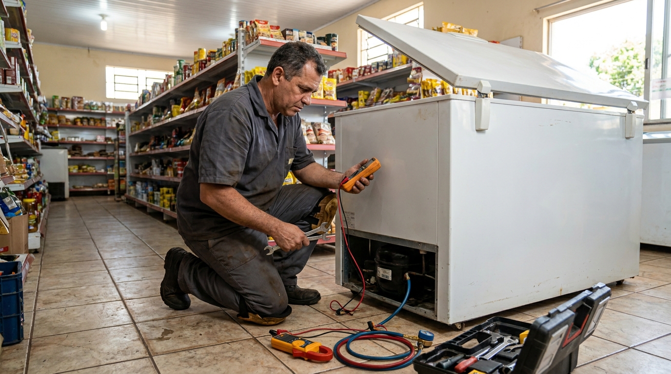 Troca de termostato de freezer em atendimento em Governador Valadares‑MG